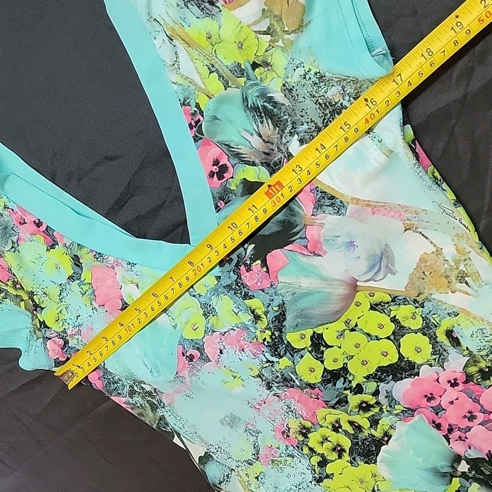 Roberto Cavalli Teal Floral Short Sleeve Mini Dress Size 46 - Picture 8 of 16